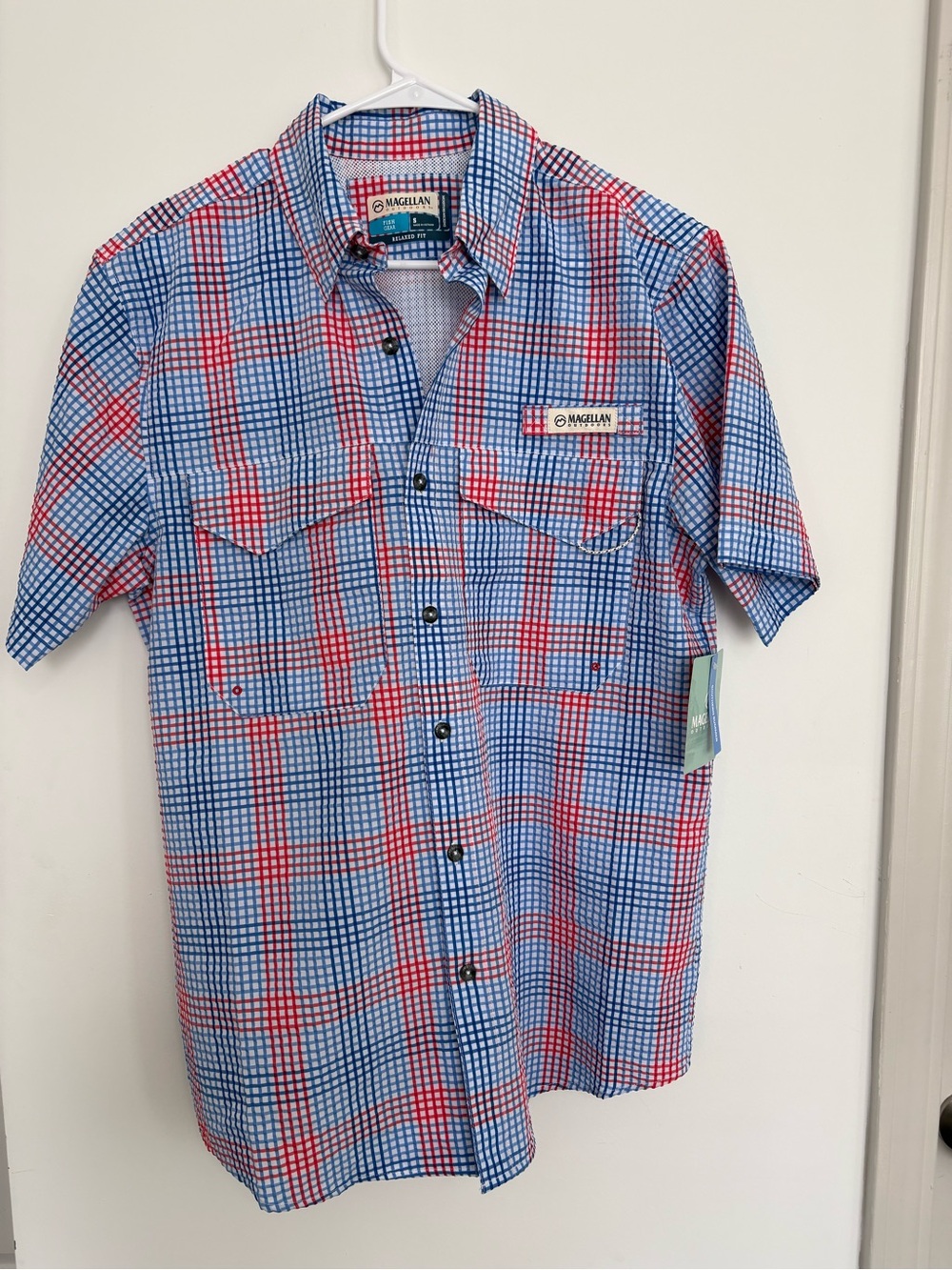 Magellan Outdoors Men's Blue & Red Plaid Short-Sleeve Shirt